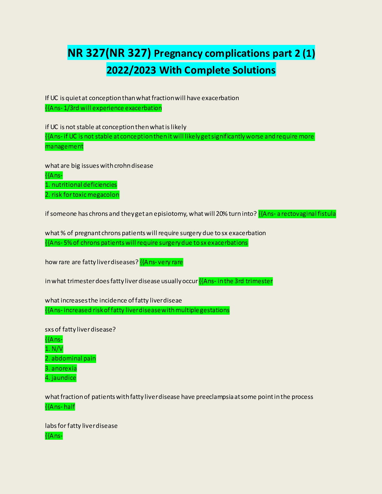 Preview of NR 327(NR 327) Pregnancy complications part 2 (1) Final Exam 2022/2023: NSG 211(NSG 211) M